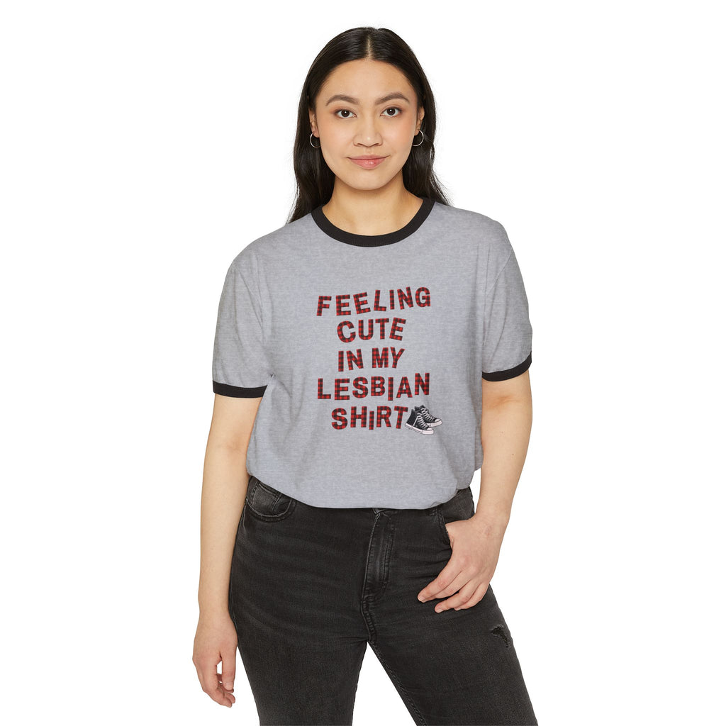 "Feeling Cute in My Lesbian Shirt" - Lesbian Ringer Retro Graphic Tee